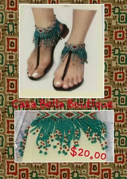Beaded turquoise anklets on feet; lower close-up shows matching anklet detail with $20 price tag.