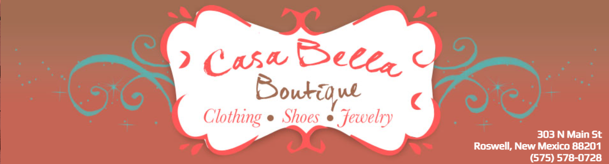 Casa Bella Boutique logo on coral background with white floral frame and contact details.