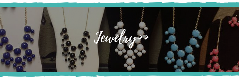 Jewelry display with colorful beaded necklaces and the word “Jewelry” overlaid on center display