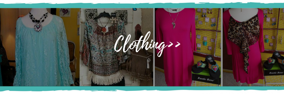 Clothing display with assorted dresses and outfits in pastel, pink, and patterned fabrics