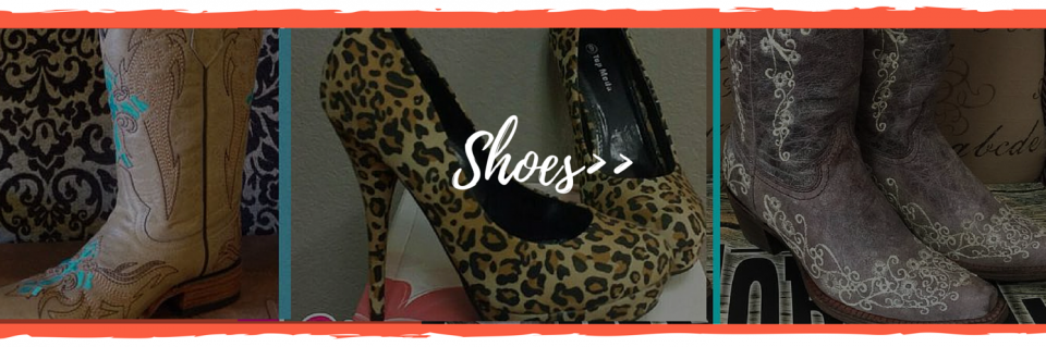 Three shoe close-ups with patterned, brown-toned footwear and the word “Shoes” in the center