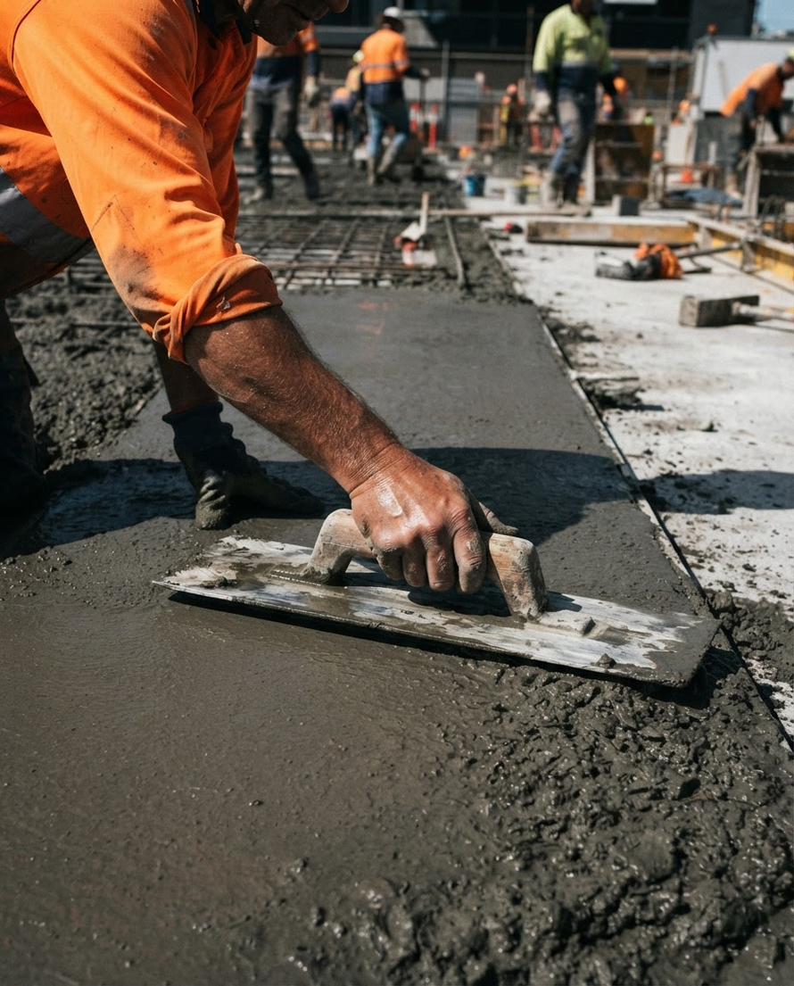 Construction worker smoothing wet concrete with a trowel at a roadwork site