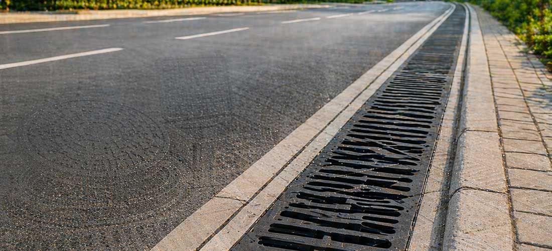 Empty asphalt road with a curbside drainage grate along the edge in daylight