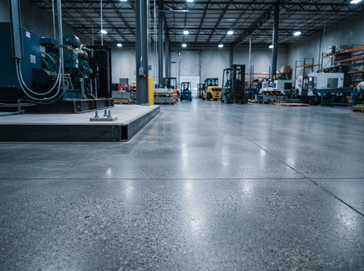 Empty industrial warehouse with polished concrete floor and machinery in the background