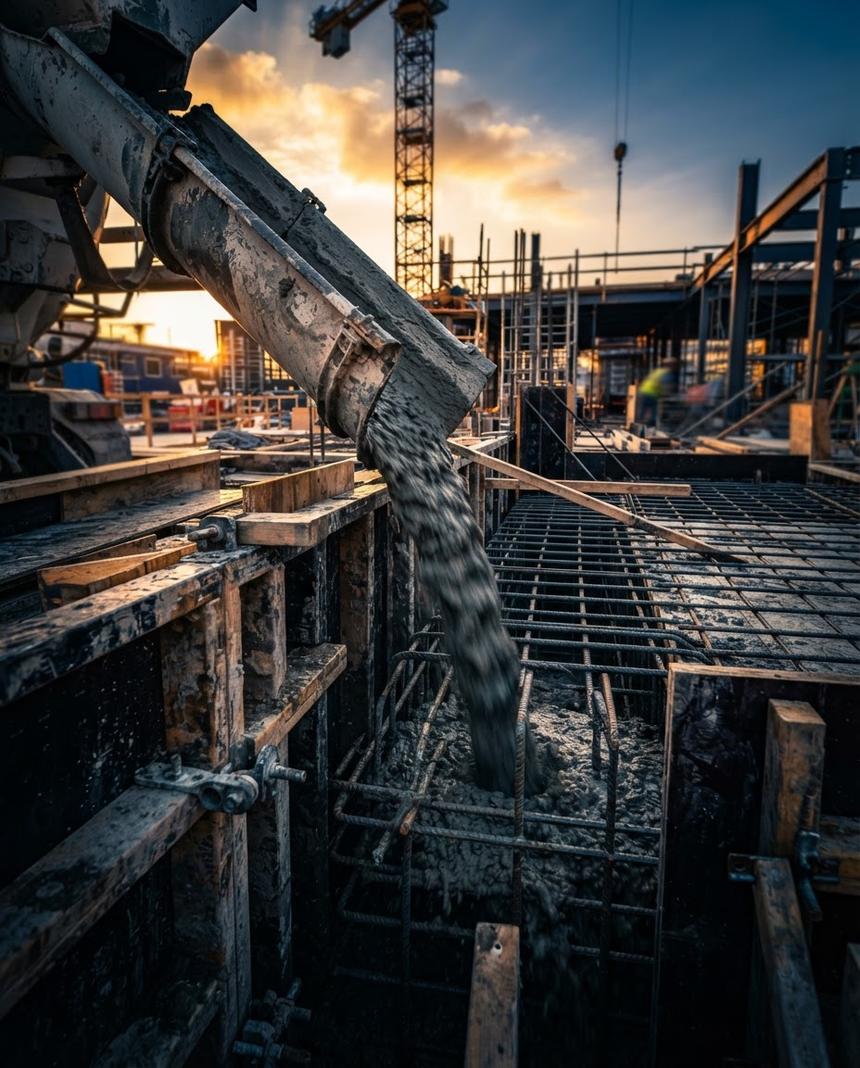 Concrete pouring at a construction site at sunset, with a crane and rebar framework visible.