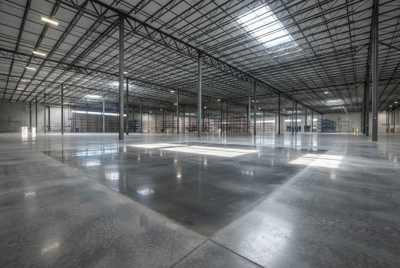 Empty industrial warehouse with polished concrete floor and steel framework under bright skylights