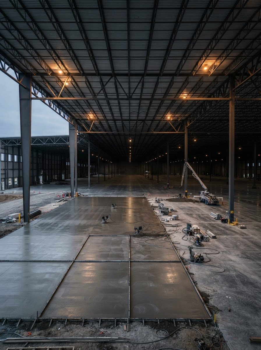 Empty warehouse floor with steel beams, concrete panels, and construction equipment under a metal roof.