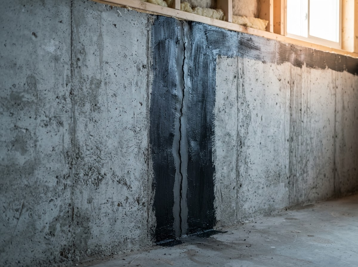 Concrete wall with a dark vertical water stain in a bare unfinished room