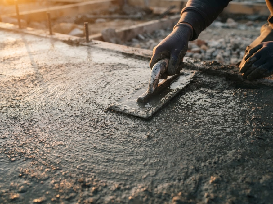 Worker smoothing wet concrete with a trowel at a construction site, in warm sunlight