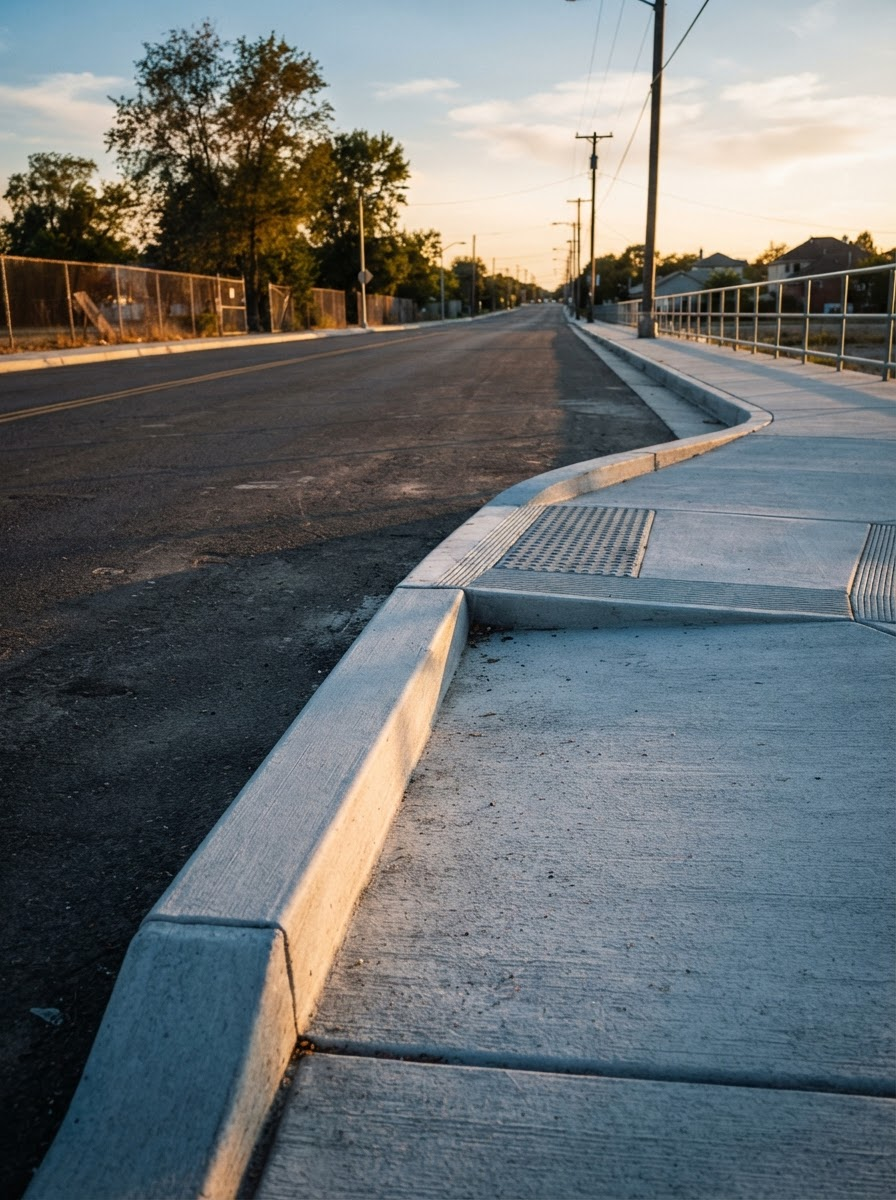 Empty sidewalk beside a quiet road at sunset, with long shadows and streetlights