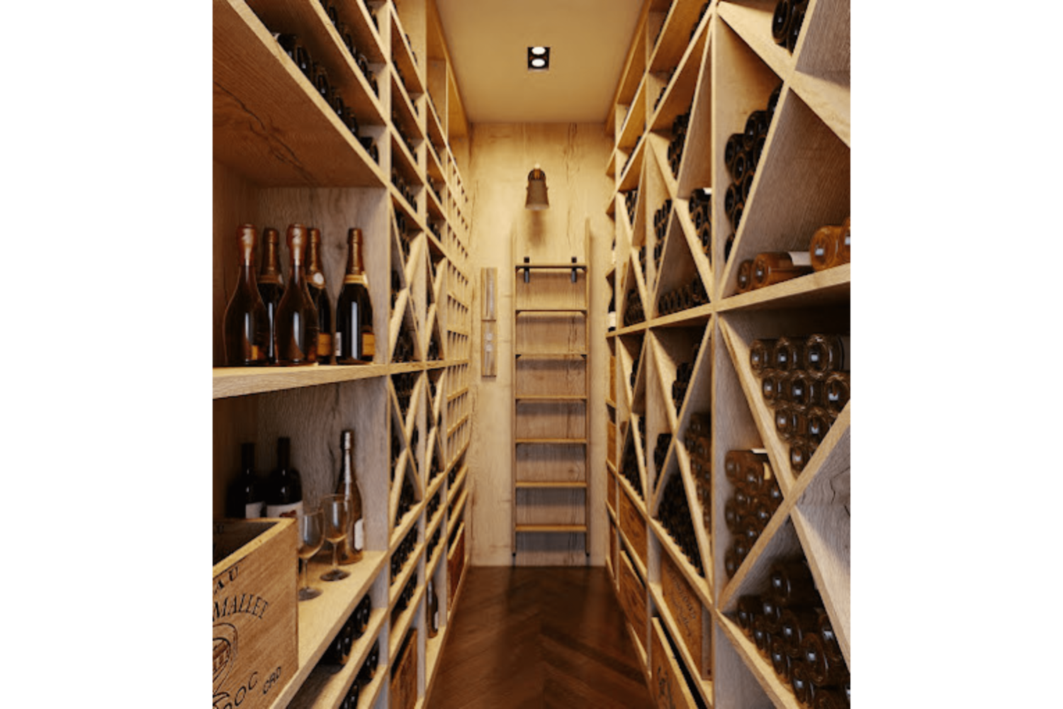 Une cave à vin remplie de nombreuses bouteilles de vin et d'une échelle.