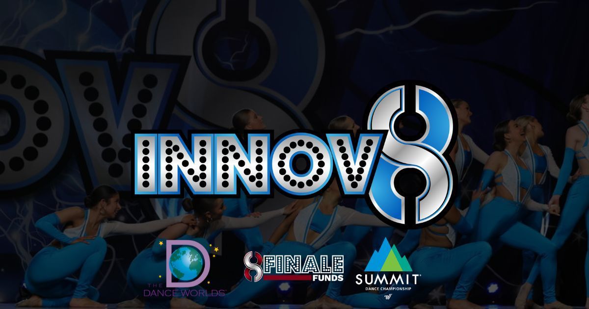 Stylized INNOV8 event banner with blue-lit dancers in the background and a neon logo in the foreground