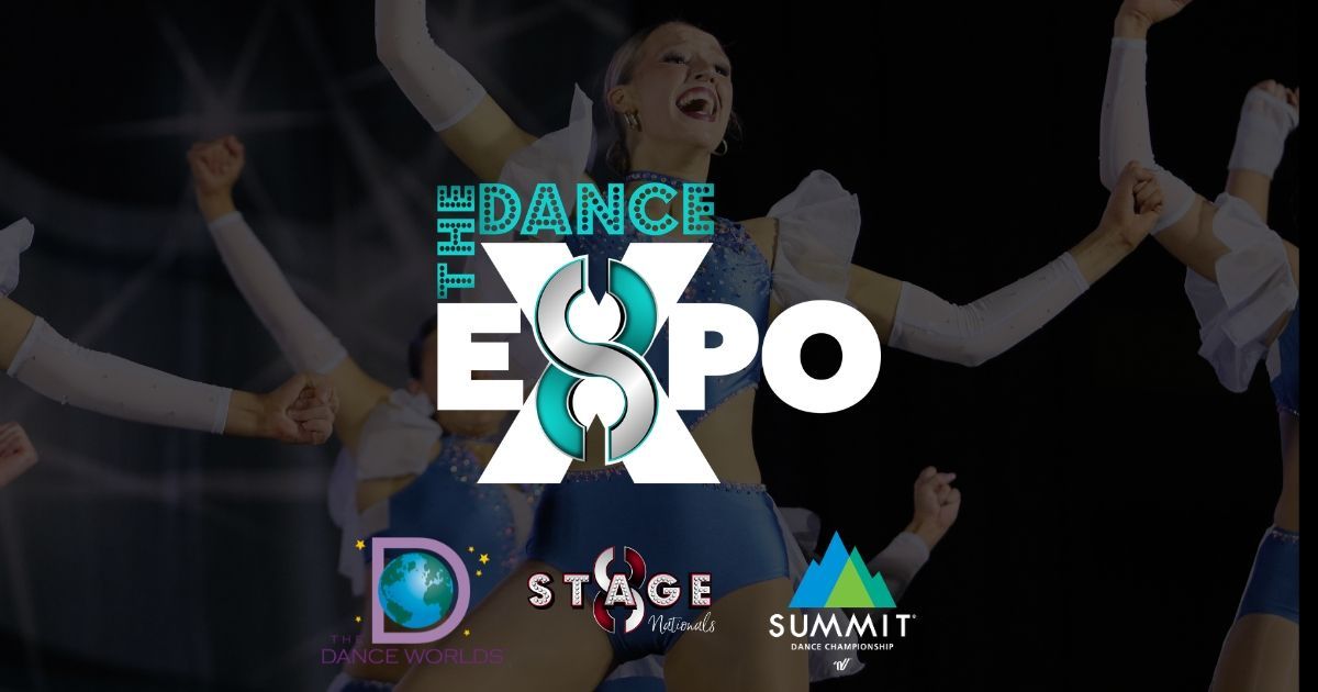 Crowd cheering behind bold “Dance Expo” event logo on a dark stage background