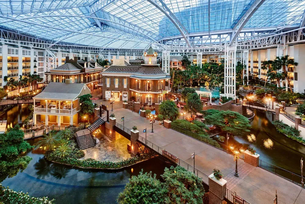 Indoor tropical atrium with a glass roof, lush plants, water features, and lit walkways at night