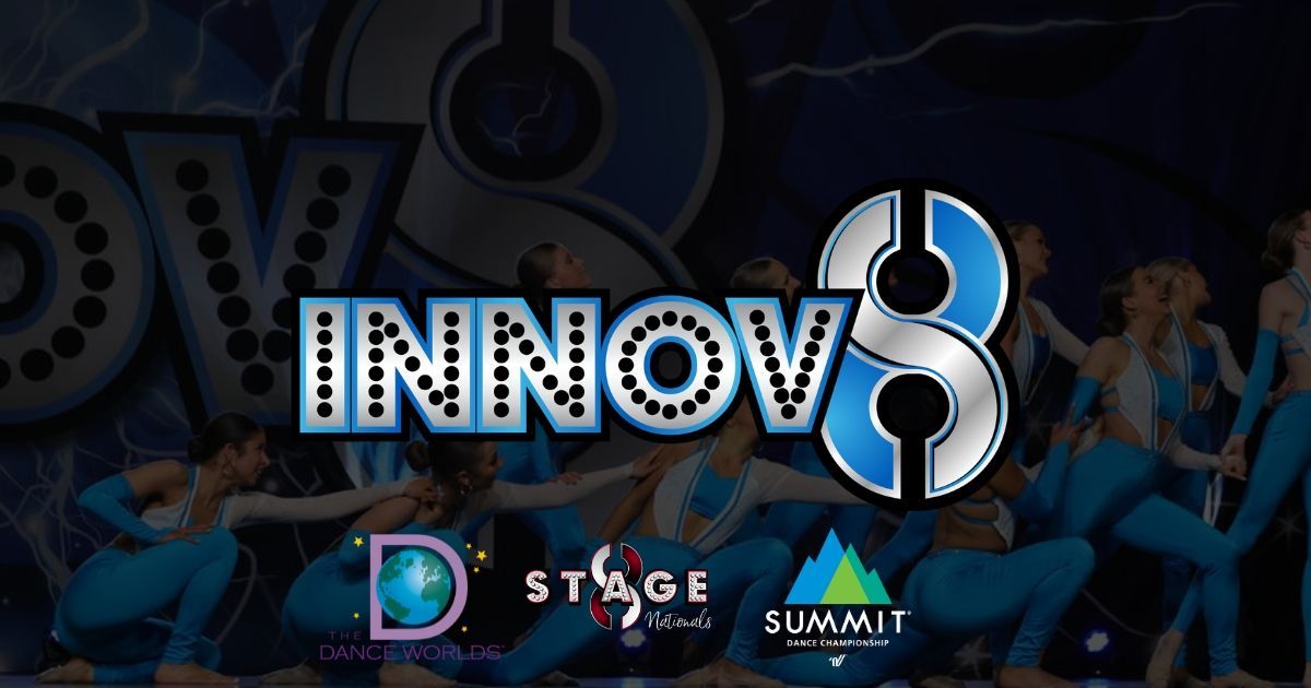 Stylized INNOV8 event banner with blue-lit dancers in the background and a neon logo in the foreground