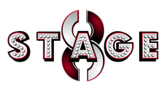 Stylized “STAGE” text in black, white, and red with a central circular logo.
