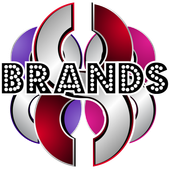 “BRANDS” logo with abstract red, gray, purple, and pink circular shapes and dotted black text