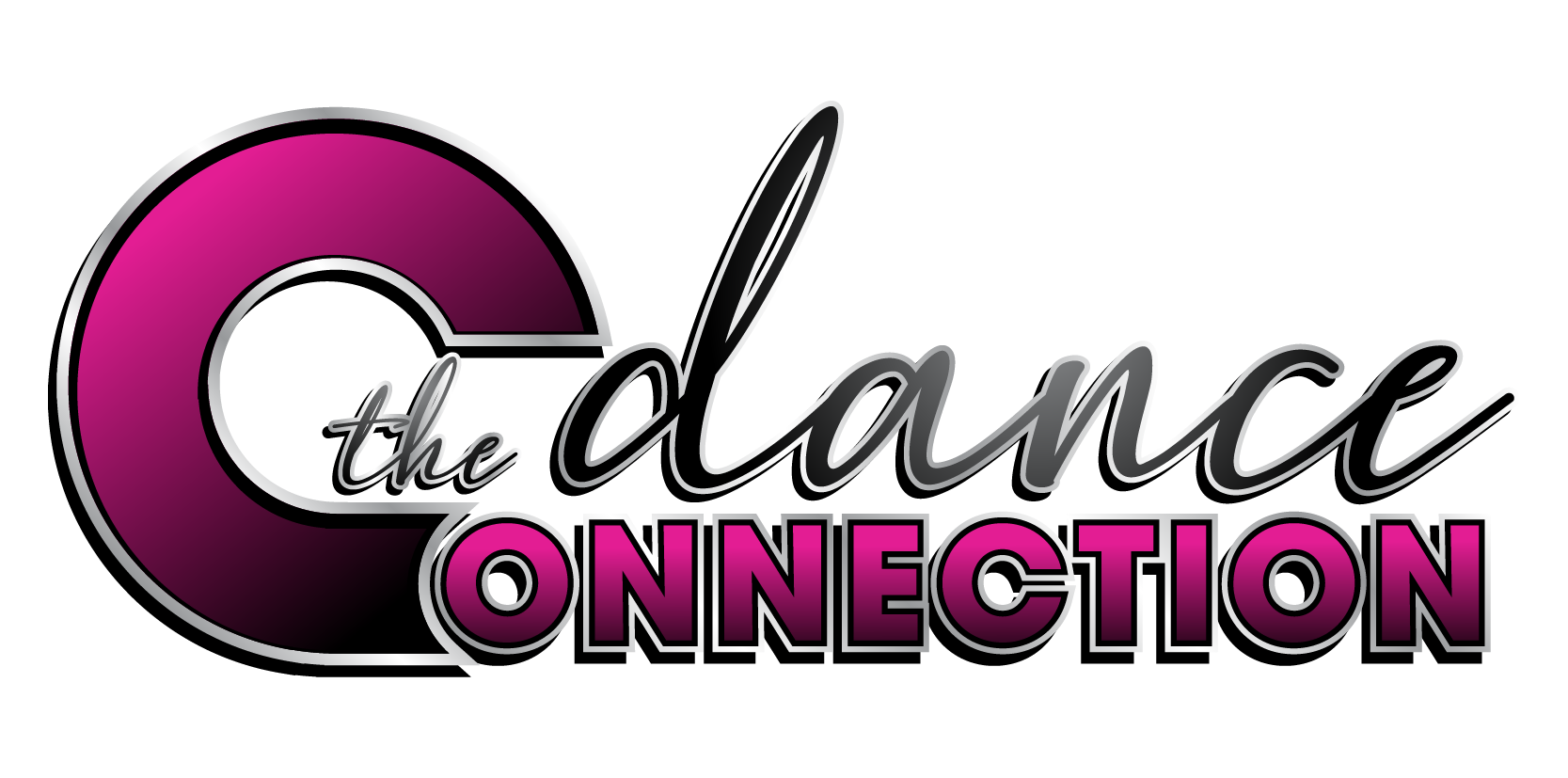 The Dance Connection logo in black, white, and pink with stylized script text