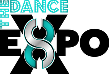 Dance Expo logo with black, white, and teal text and a stylized interlocking S in the center