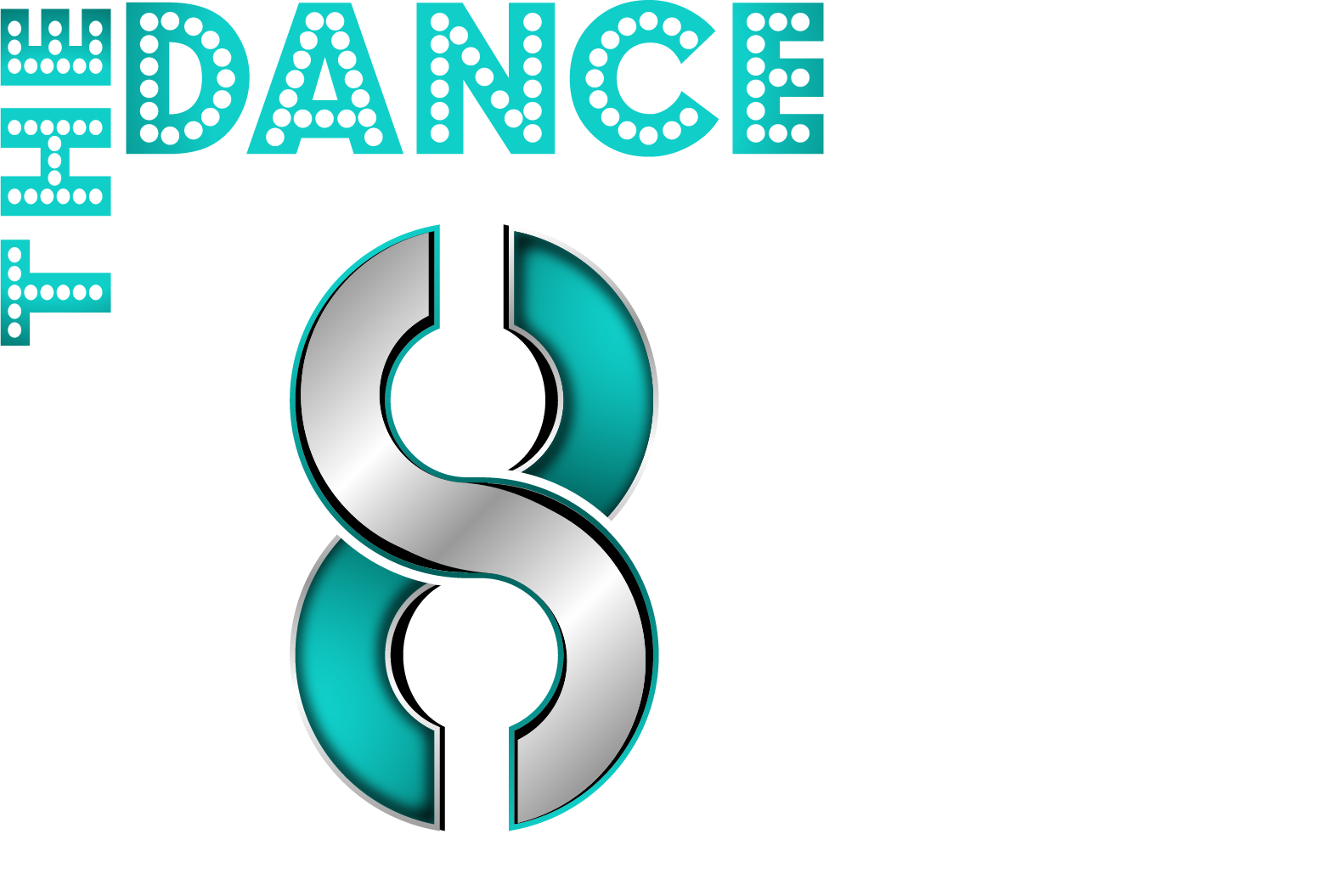 THE DANCE logo with a turquoise dotted “THE DANCE” and a metallic teal abstract S symbol