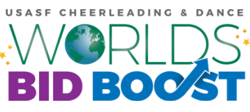 USASF Cheerleading & Dance Worlds Bid Boost logo with globe for the “o” and blue boost arrow