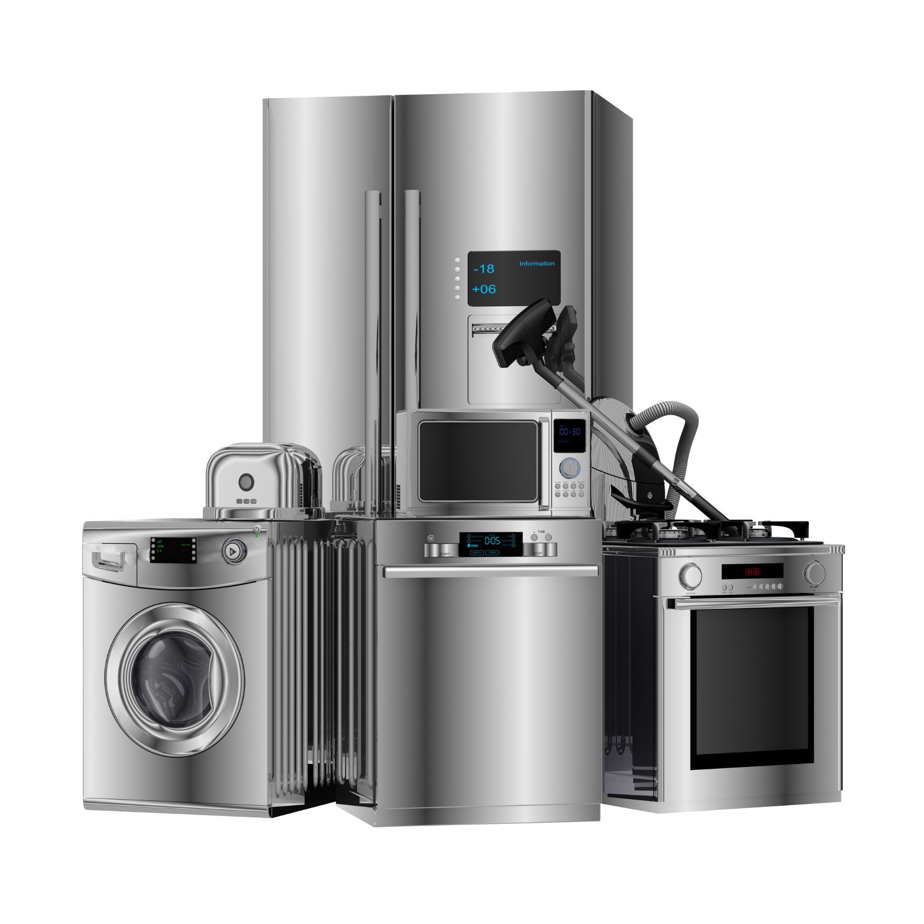 Set di elettrodomestici da cucina in acciaio inox: frigorifero, lavatrice, forno, microonde, lavastoviglie e aspirapolvere.