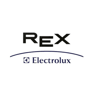 Loghi REX ed Electrolux in nero su sfondo bianco.