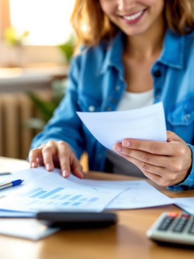 Person reviewing papers at a desk with a calculator and laptop