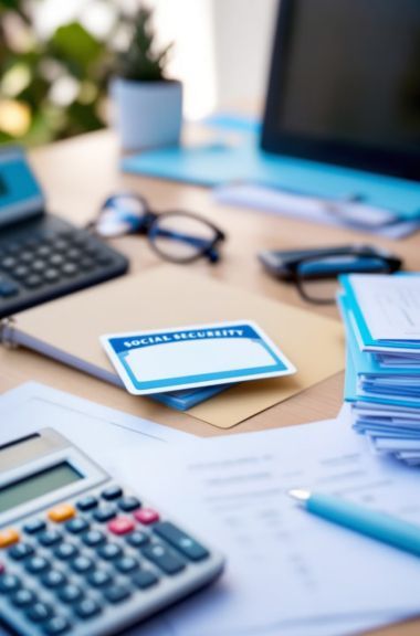 Desk with calculator, blue cards, papers, and a laptop in a blurred office setting