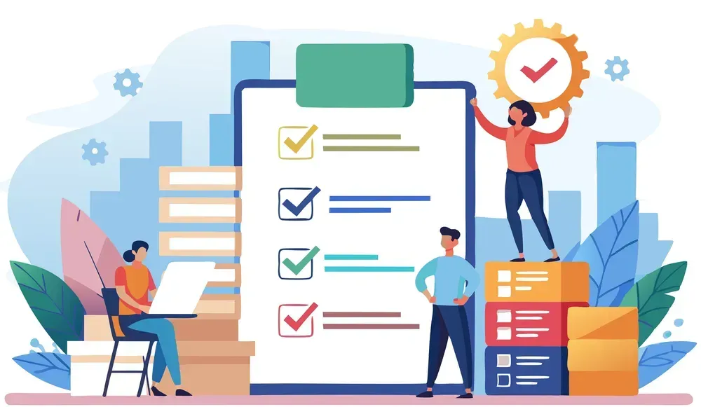 Team checklist beside clipboard, with people reviewing tasks, stacked files, and a clock icon in a blue office scene