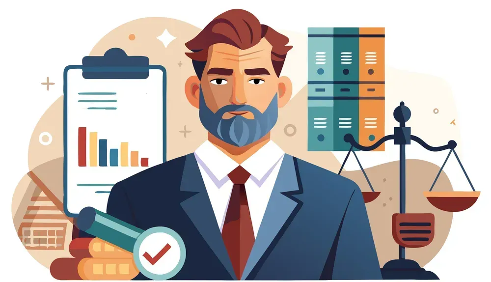 Business professional with charts, clipboard, and scales symbolizing finance or legal analysis