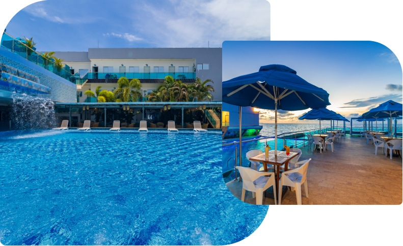Piscina y mesas con sombrillas azules en Hotel Poblado Coveñas, un destino donde viajar en vacaciones