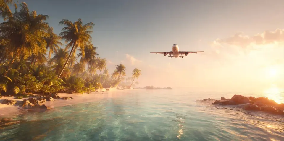 Airplane approaching Coveñas tropical beach destination in Colombia