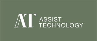A logo for assist technology on a green background