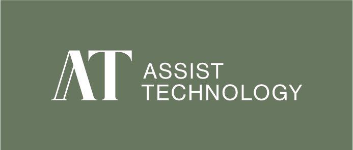 A logo for assist technology on a green background