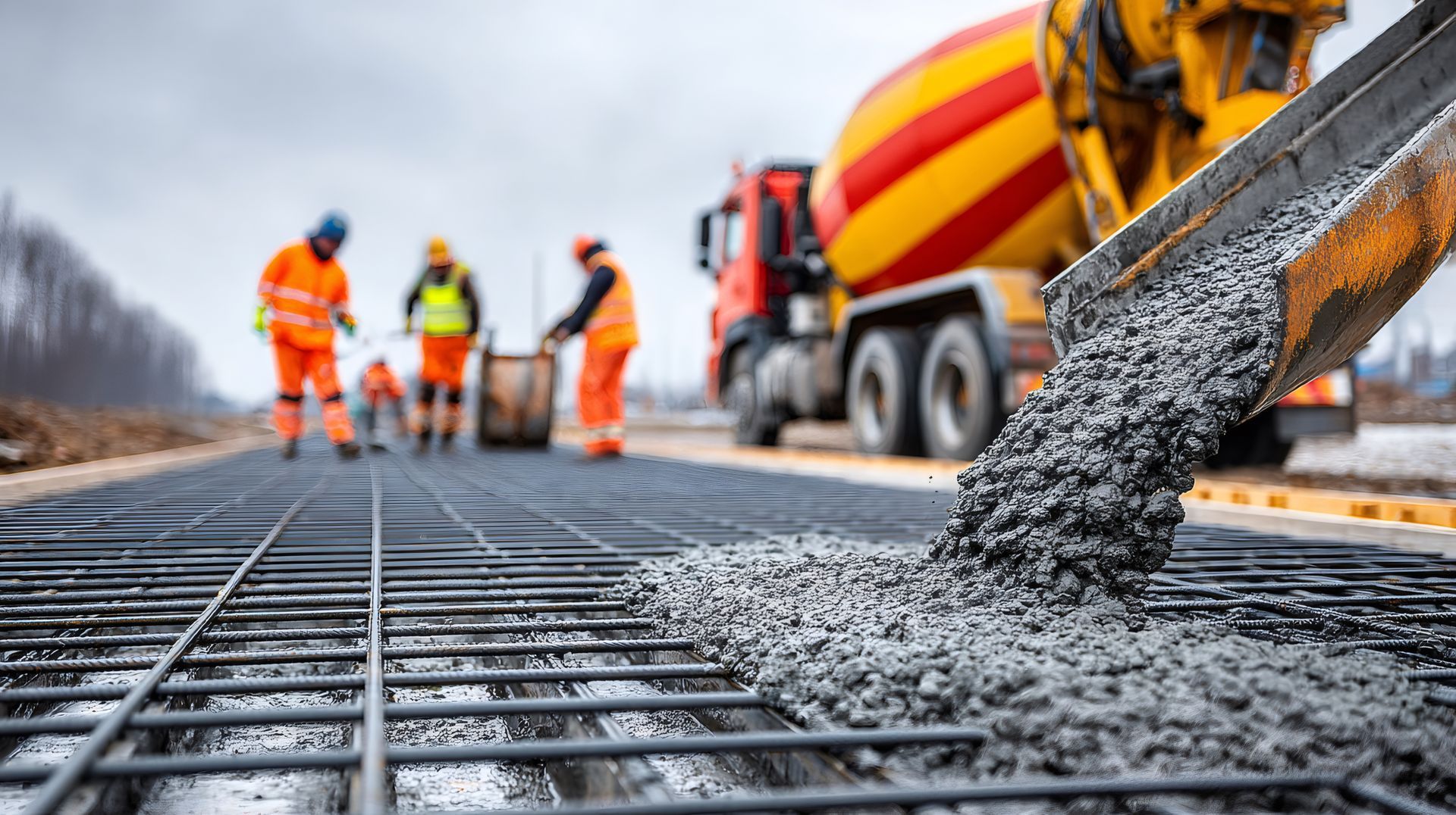 Construction workers pouring concrete over rebar on commercial construction site.