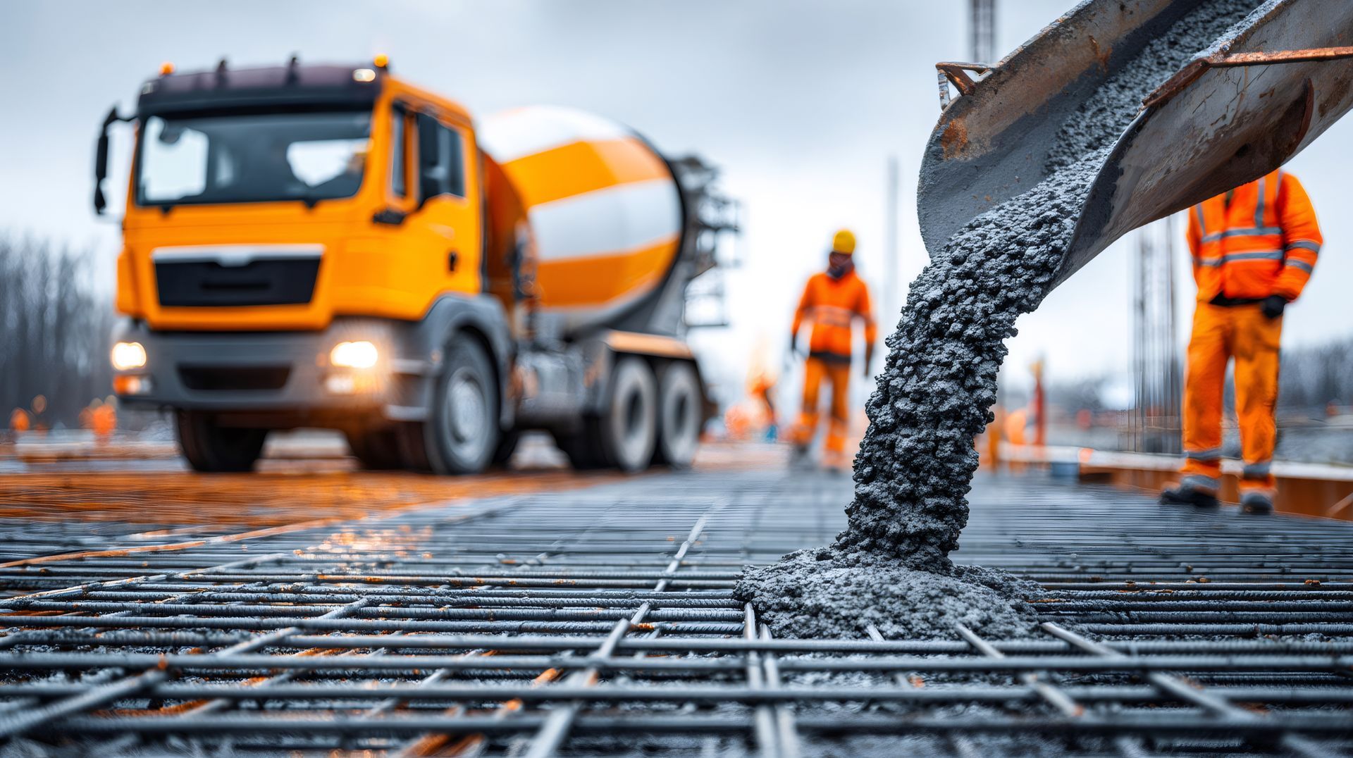 Concrete is being poured onto a rebar foundation beside a cement mixer and workers in orange safety gear.