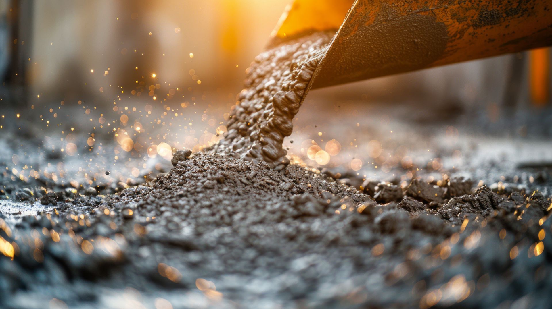 Fresh concrete pouring from a ready-mix truck chute onto a prepared subgrade.