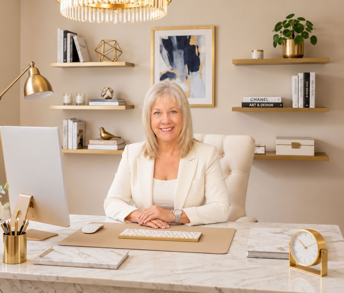 Smiling woman at a marble desk in a bright home office with gold accents, shelves, flowers, and a laptop