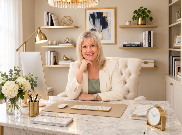 Smiling woman at a marble desk in a bright home office with gold accents, shelves, flowers, and a laptop
