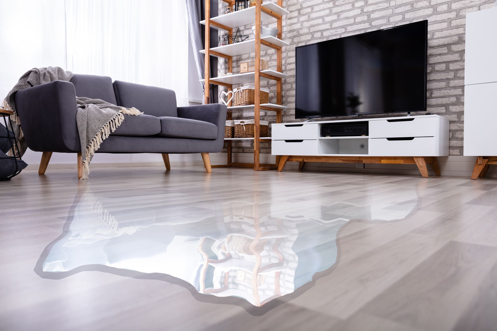 Close-up of flooded floor in the living room