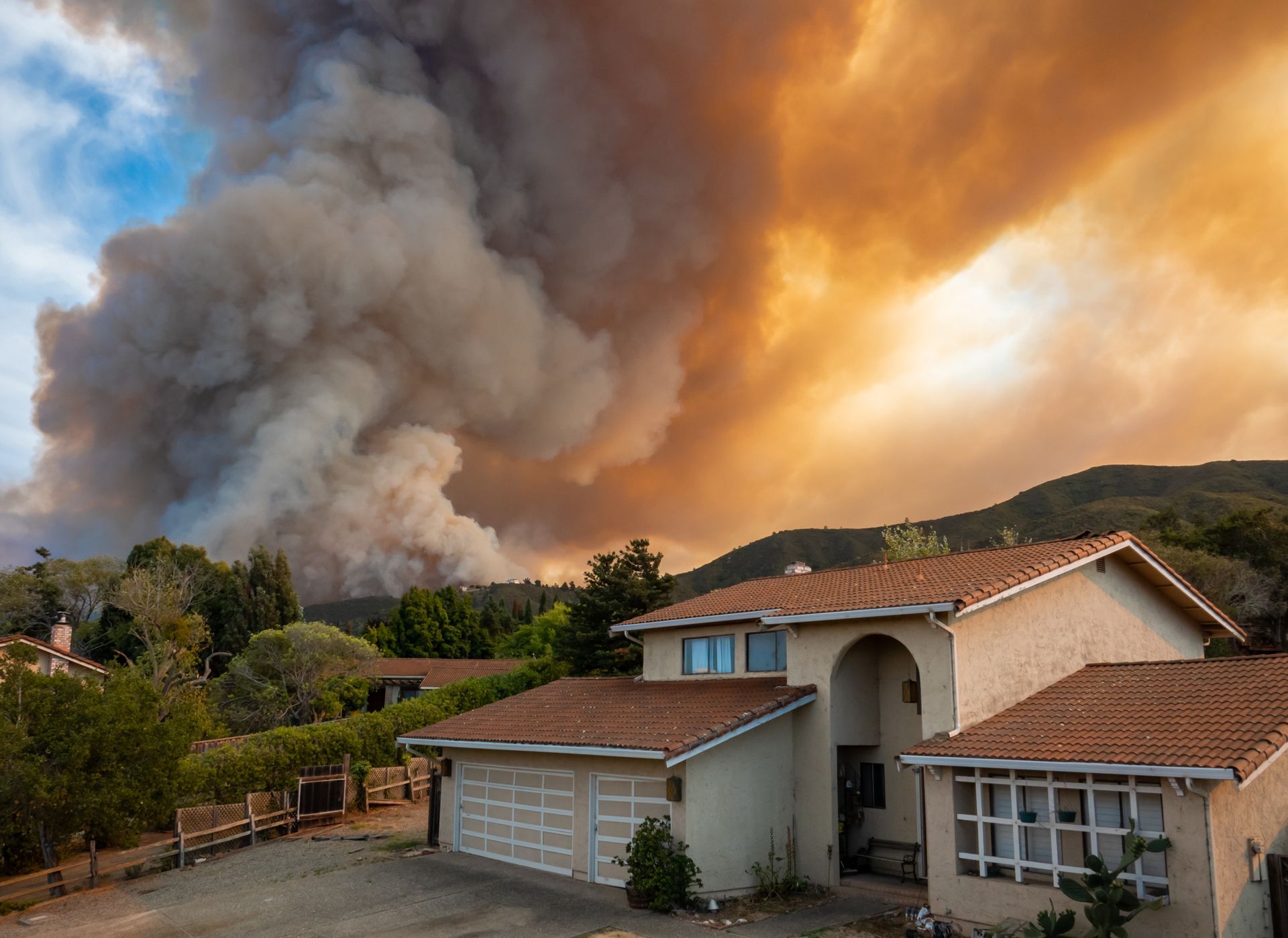 A wildfire near the house.
