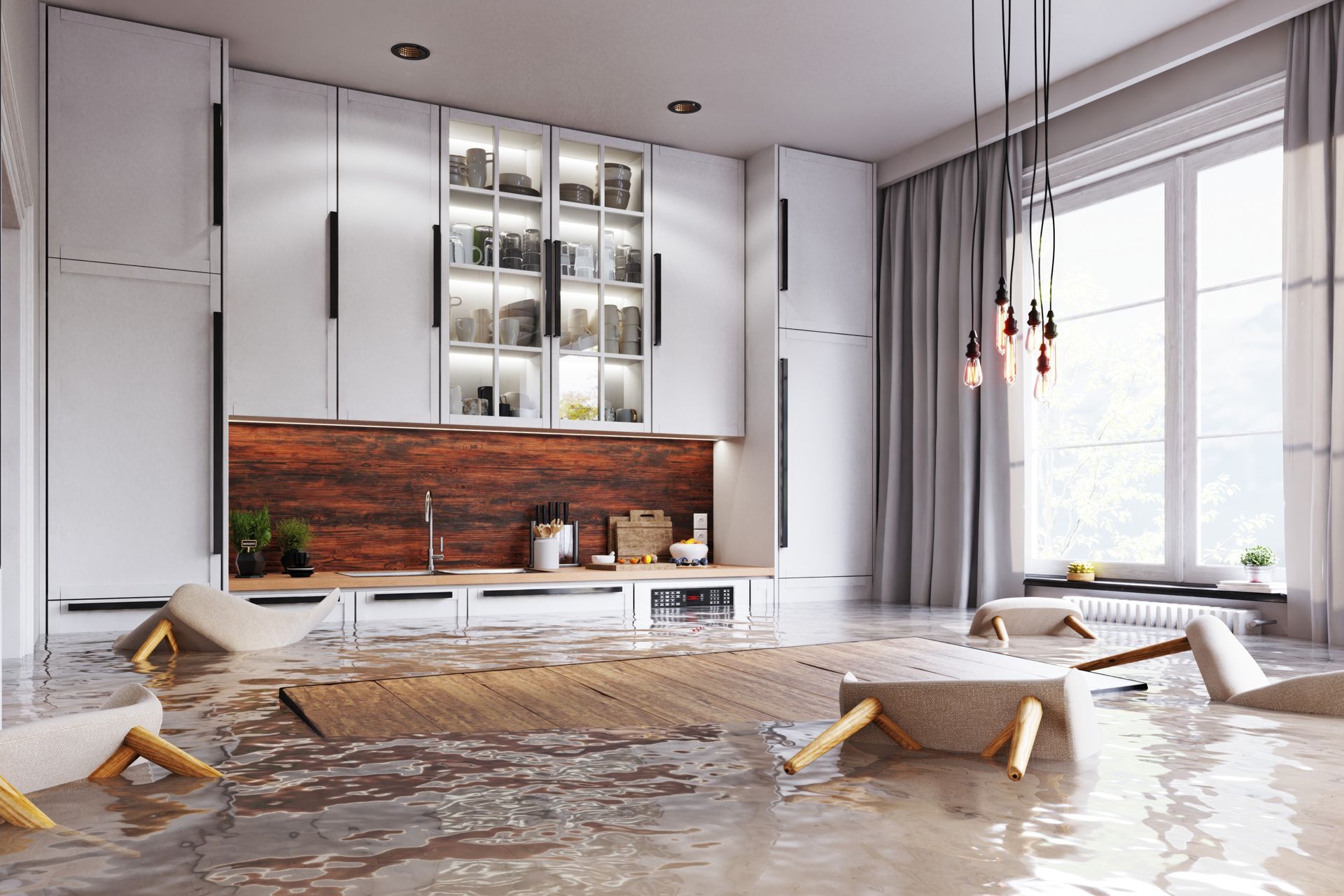 Flooded floor in kitchen.