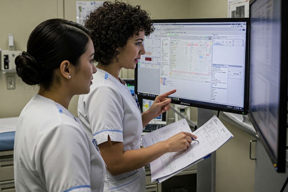 Two nurses are looking at a computer screen in a hospital.