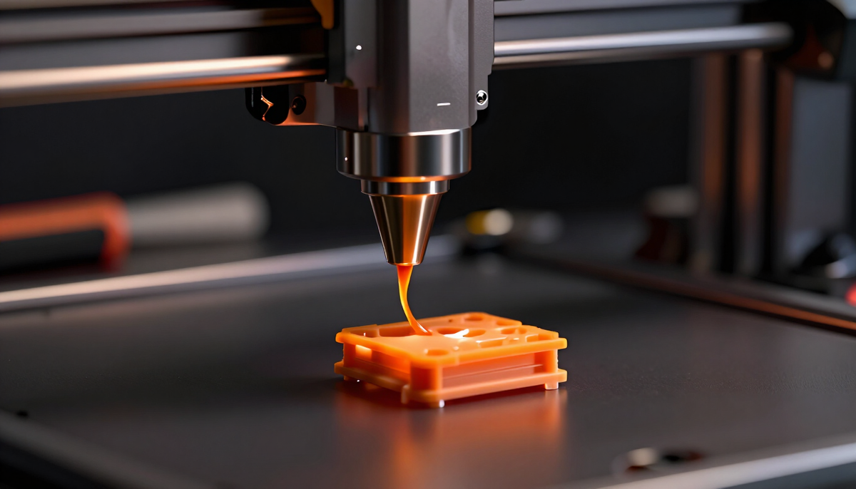 A 3D printer nozzle building an orange part