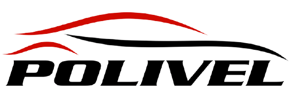Logotipo da Polivel com texto preto em negrito e traços curvos estilizados em vermelho e preto acima do nome.