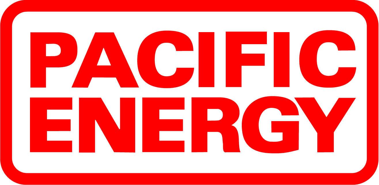 A red and white pacific energy logo on a white background.