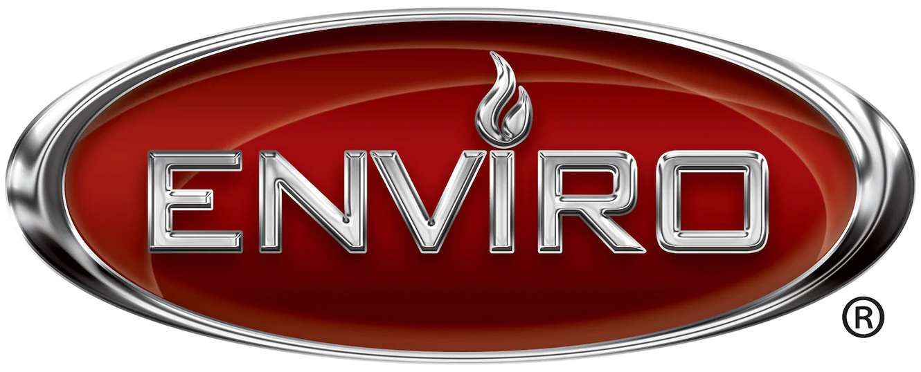 A red and silver logo for enviro with a flame in the middle.