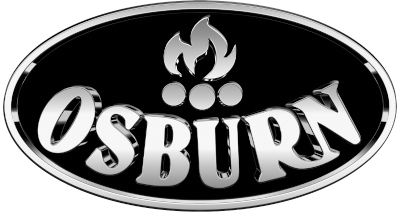 A black and silver logo for osburn with a flame on it.