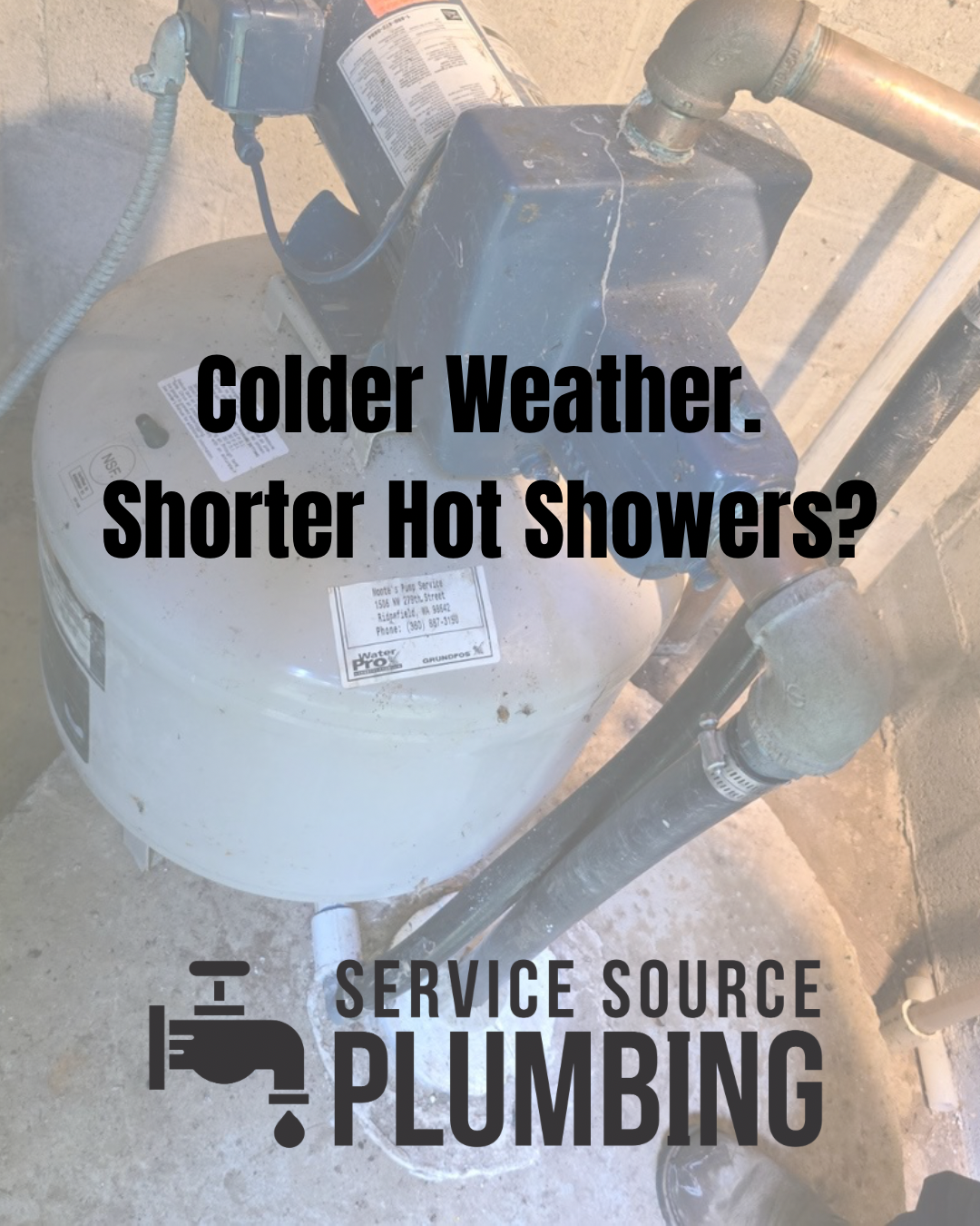 Plumbing ad with water heater and pipework reading “Colder Weather. Shorter Hot Showers?”